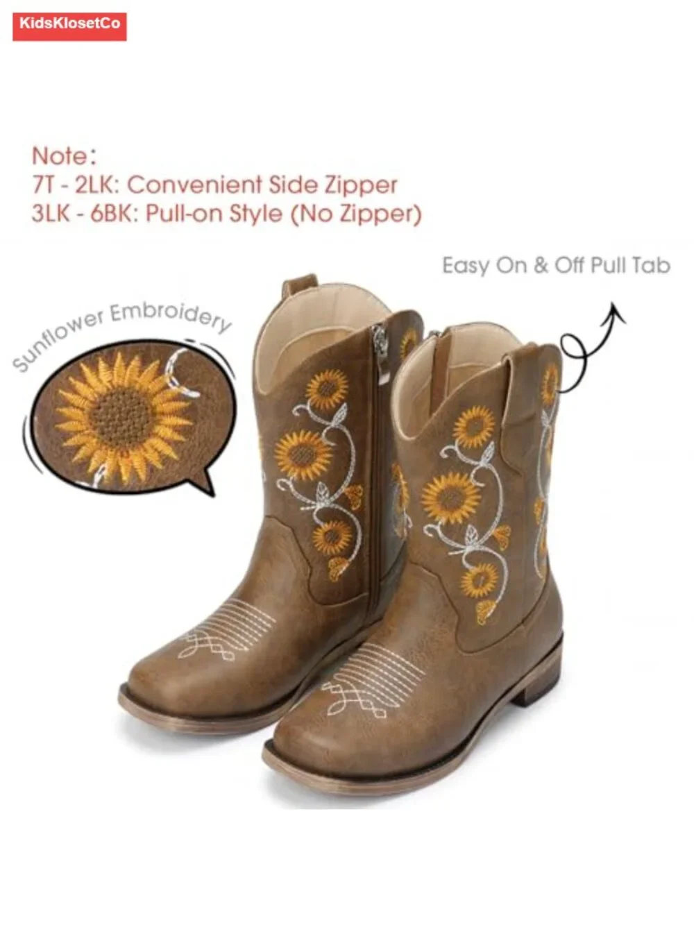 Girls Cowboy Boots with Floral Embroidery - Western Cowgirl Boots with Square